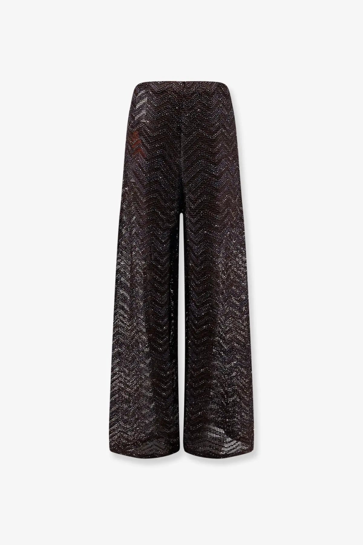 Missoni women’s brown viscose blend trousers with black wide-leg fit and shimmering textured zigzag pattern
