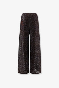 Missoni women’s brown viscose blend trousers with black wide-leg fit and shimmering textured zigzag pattern