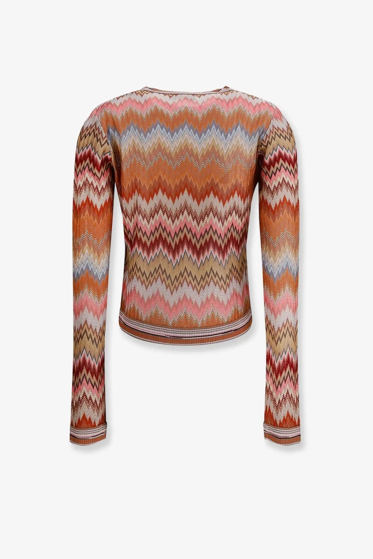 Missoni women’s viscose cardigan brown in a fitted long-sleeved top with vibrant orange pink and beige zigzag pattern