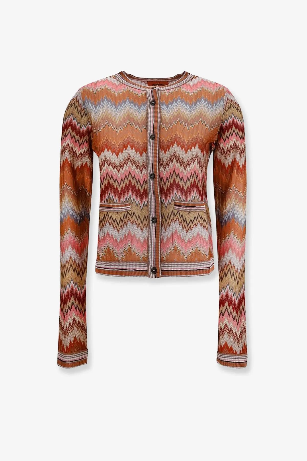 Missoni womens viscose cardigan brown with long sleeves and bold orange pink beige zigzag pattern and black buttons
