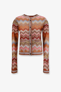 Missoni womens viscose cardigan brown with long sleeves and bold orange pink beige zigzag pattern and black buttons