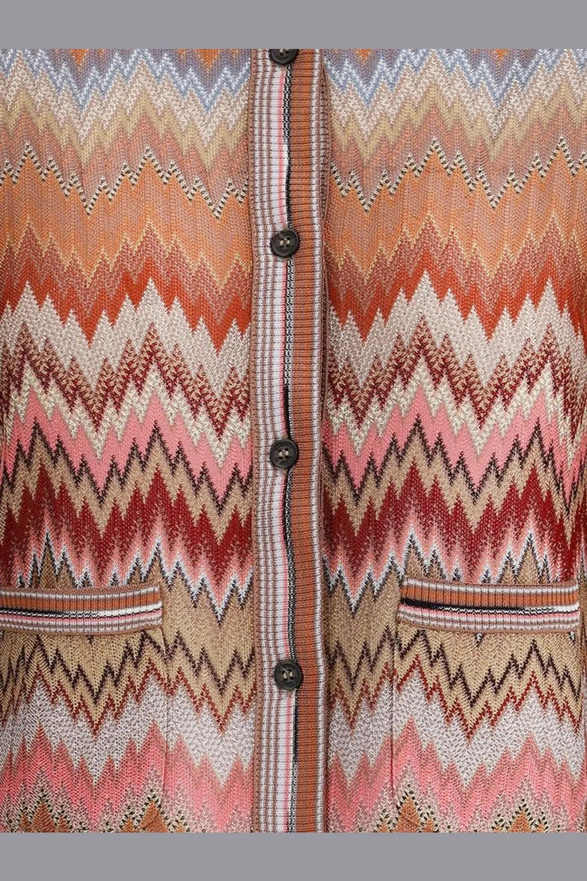 Missoni women’s viscose cardigan brown with vibrant orange pink beige zigzag knit and central button placket