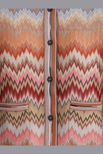 Missoni women’s viscose cardigan brown with vibrant orange pink beige zigzag knit and central button placket