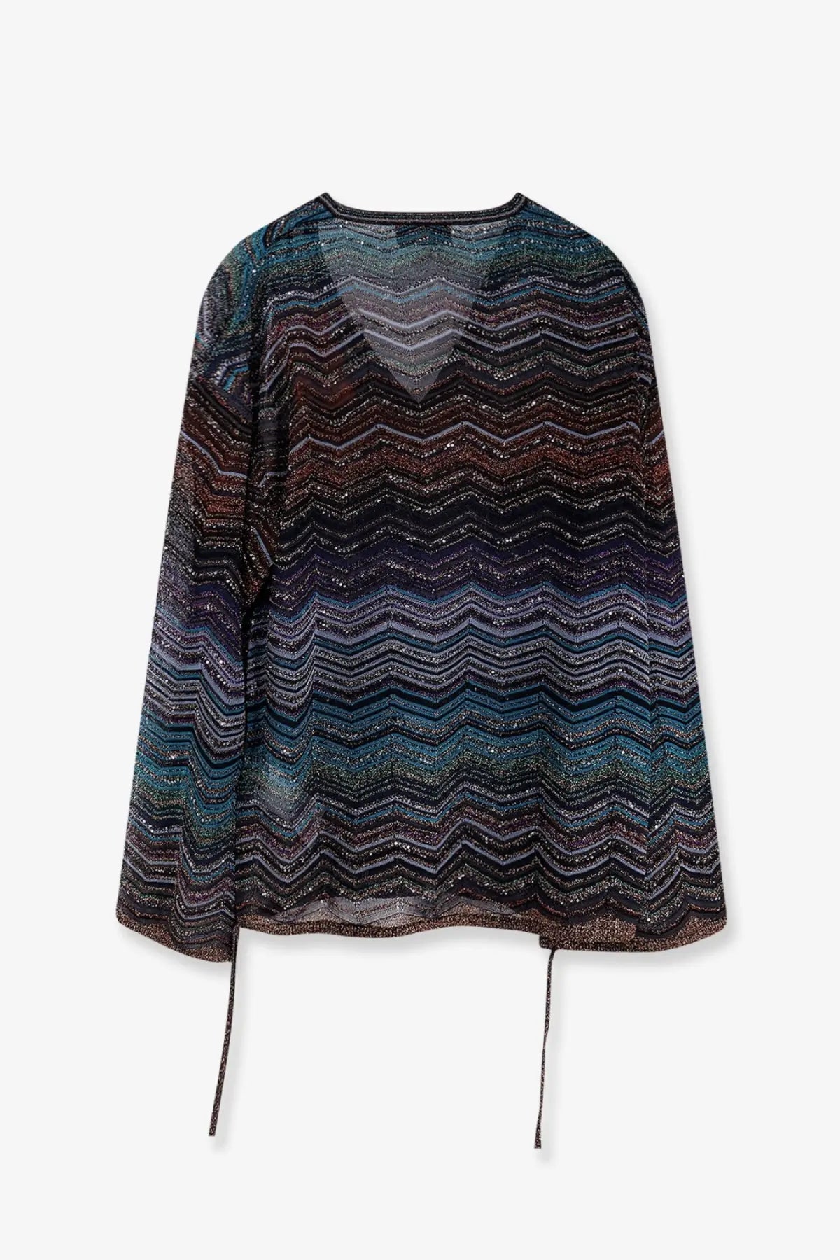 Missoni women’s blue long-sleeved viscose and metallic fiber sweater with bold deep blue teal zigzag pattern