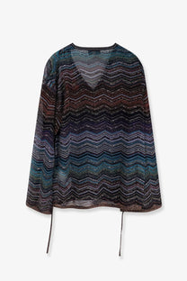 Missoni women’s blue long-sleeved viscose and metallic fiber sweater with bold deep blue teal zigzag pattern