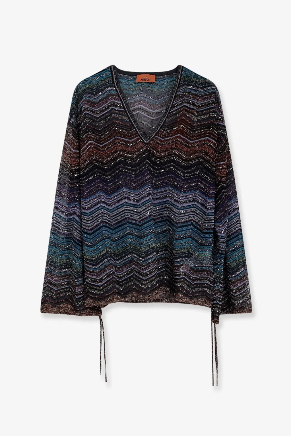 Missoni women’s long-sleeved v-neck sweater in blue with bold zigzag pattern and metallic viscose fiber threads