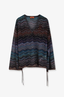 Missoni women’s long-sleeved v-neck sweater in blue with bold zigzag pattern and metallic viscose fiber threads