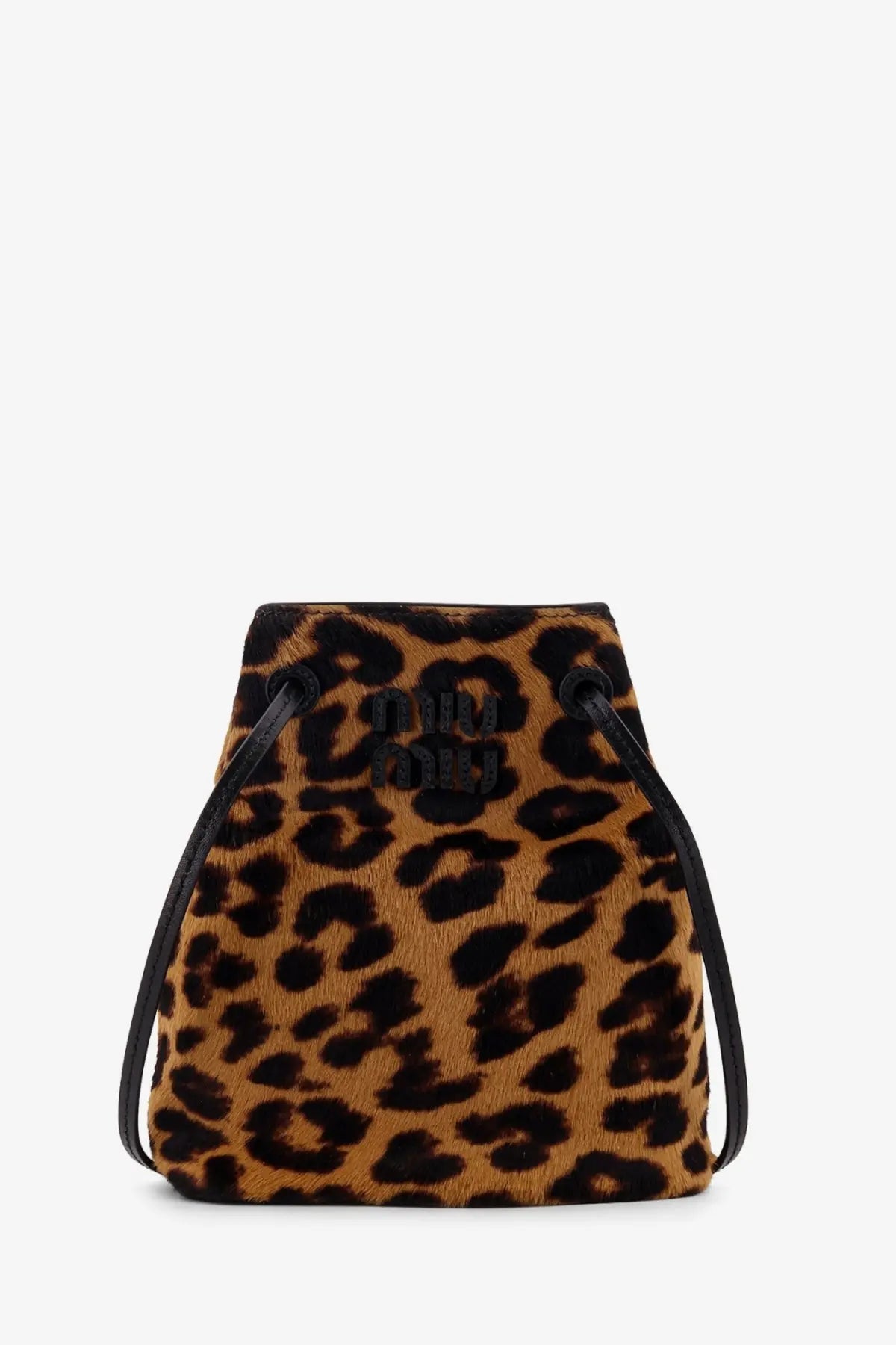 Miu Miu women’s brown leopard-print leather crossbody bucket bag with black drawstrings and embossed logo