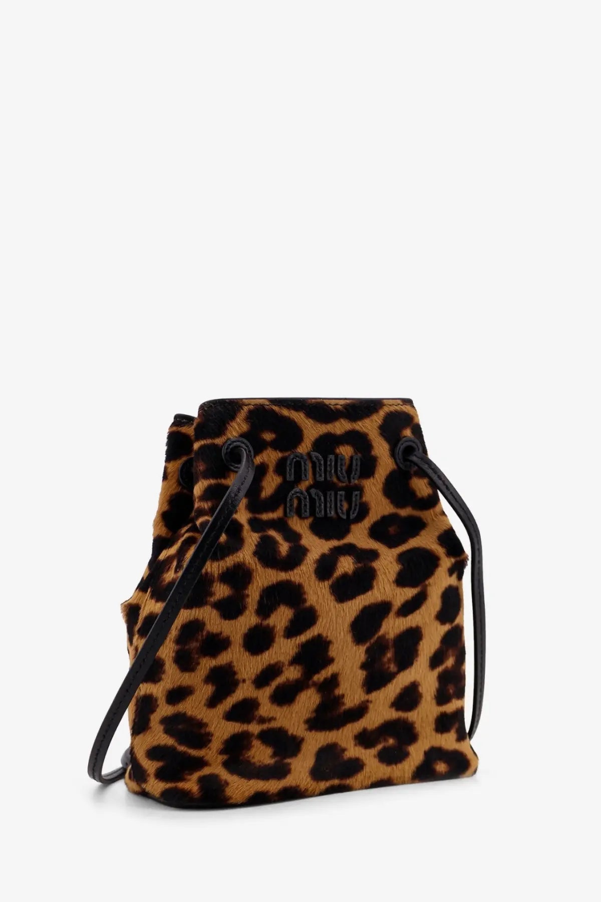 Miu Miu women’s brown leopard-print leather bucket bag with black leather straps and drawstring closure