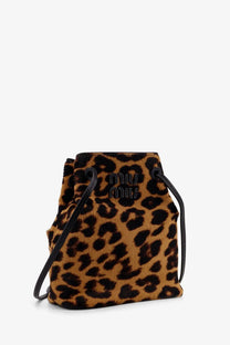 Miu Miu women’s brown leopard-print leather bucket bag with black leather straps and drawstring closure