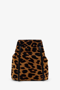 Miu Miu women’s tan and black leopard print faux fur mini backpack with black leather straps and brown crossbody use