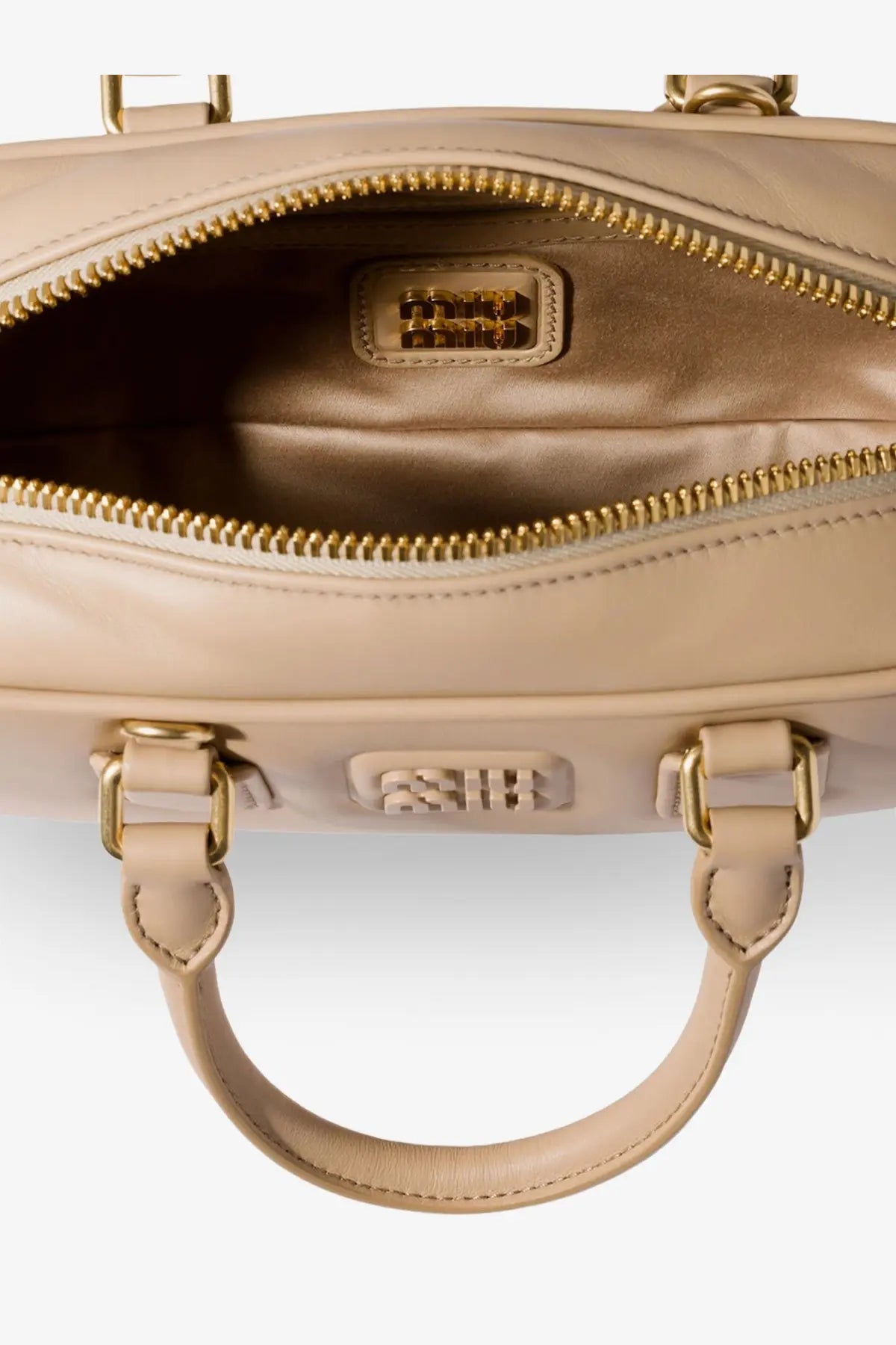 Miu Miu women’s Arcadie beige leather crossbody bag with gold-tone hardware and branded plaque inside