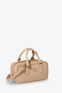 Beige miu miu women’s arcadie leather crossbody bag with gold-tone hardware and structured rectangular design