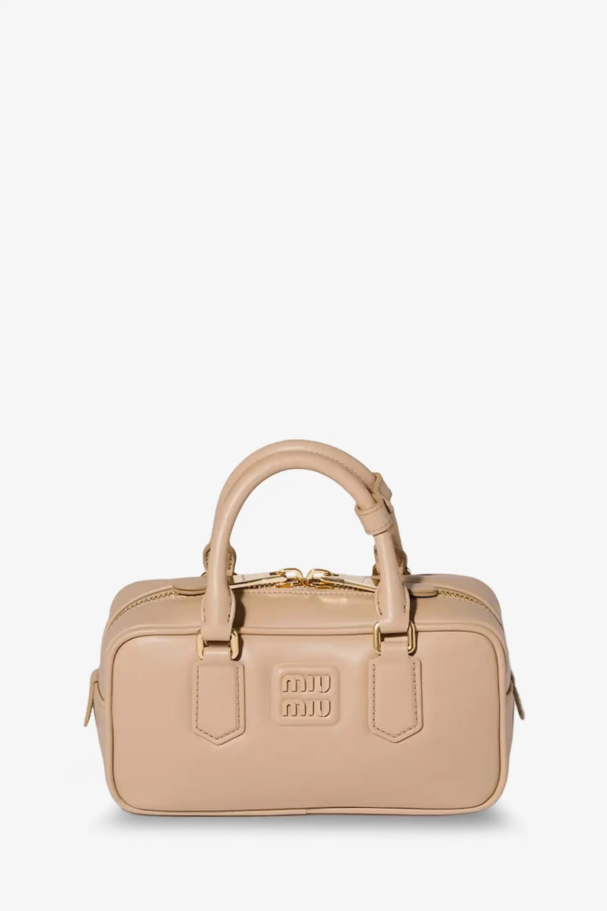 Beige leather miu miu women’s arcadie crossbody bag with gold-tone hardware and embossed logo