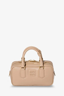 Beige leather miu miu women’s arcadie crossbody bag with gold-tone hardware and embossed logo