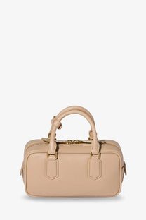 Beige leather satchel with gold-tone hardware and top handles from Miu Miu Arcadie crossbody bag collection