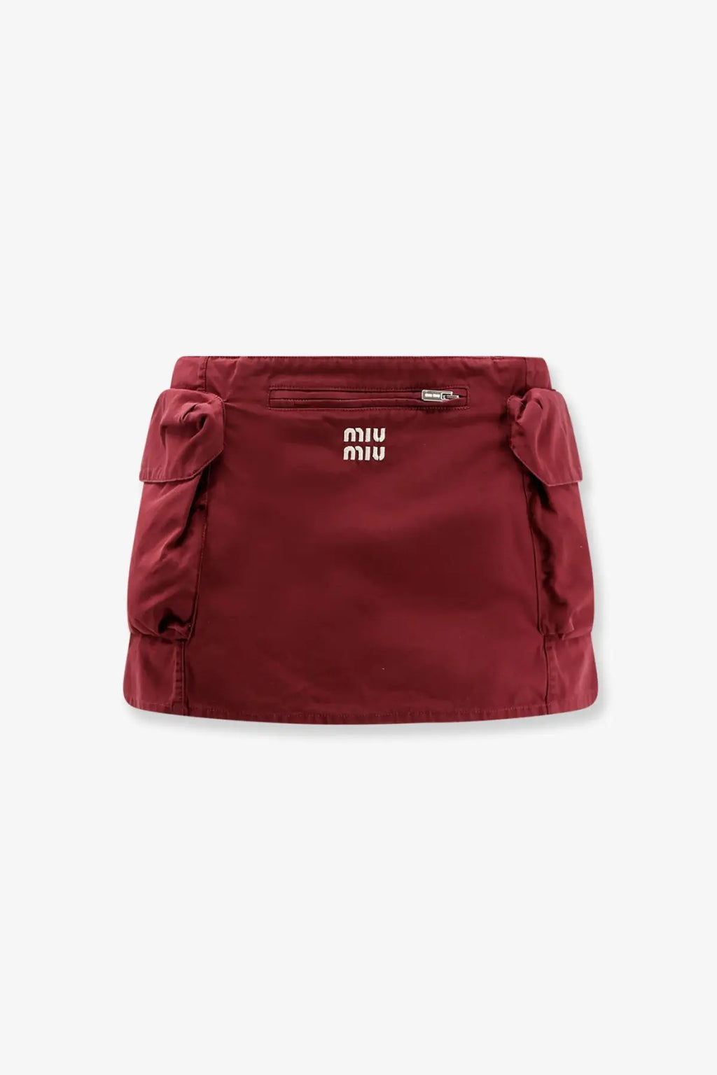 A burgundy miu miu women’s cotton mini skirt with side pockets and a front zippered pocket