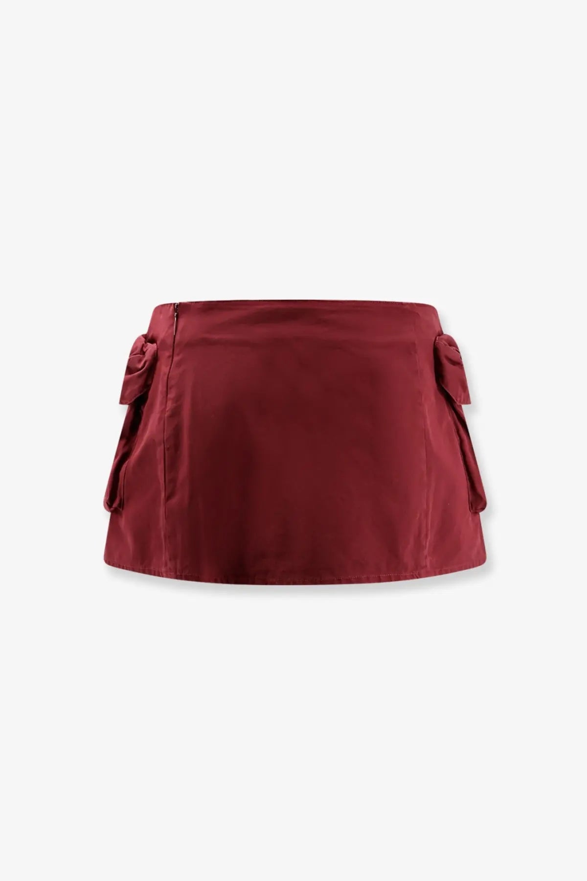 Miu Miu women’s deep red cotton mini skirt with satin finish and decorative side ties in a sleek design