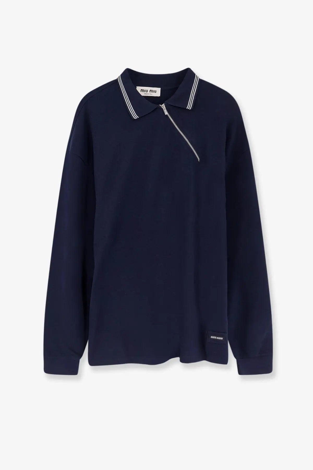 Miu Miu women’s navy blue cotton polo shirt with white striped collar and diagonal zipper detail