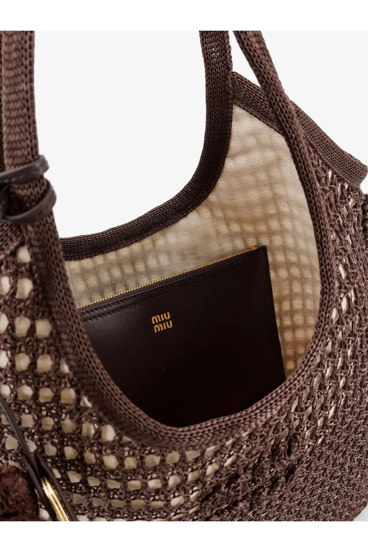 Miu Miu women’s brown crochet mesh shopping bag with black leather interior and gold-tone logo detailing
