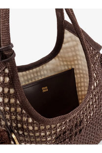Miu Miu women’s brown crochet mesh shopping bag with black leather interior and gold-tone logo detailing
