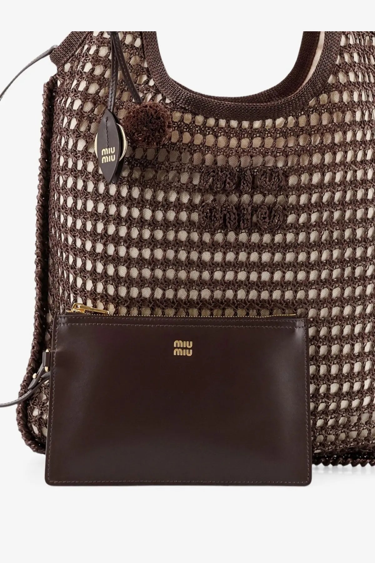 Brown woven mesh tote bag with matching leather clutch featuring gold-tone miu miu branding for shopping use