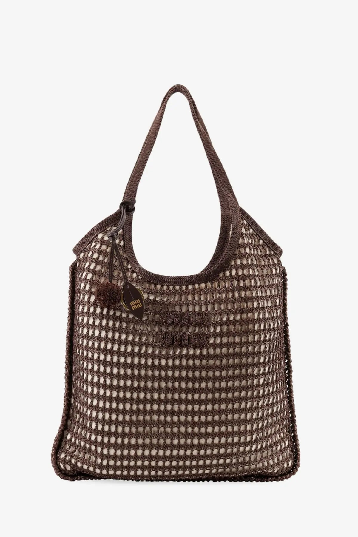 Miu Miu women’s brown crochet mesh shopping bag with textured open-knit pattern and matching woven handles