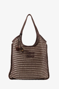 Miu Miu women’s brown crochet mesh shopping bag with textured open-knit pattern and matching woven handles