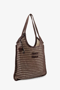 Miu Miu women’s brown crocheted mesh tote bag with textured pattern and matching pom-pom charm on handle