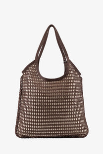 Miu Miu women’s brown crochet mesh shopping tote bag with textured open-knit pattern and matching handles