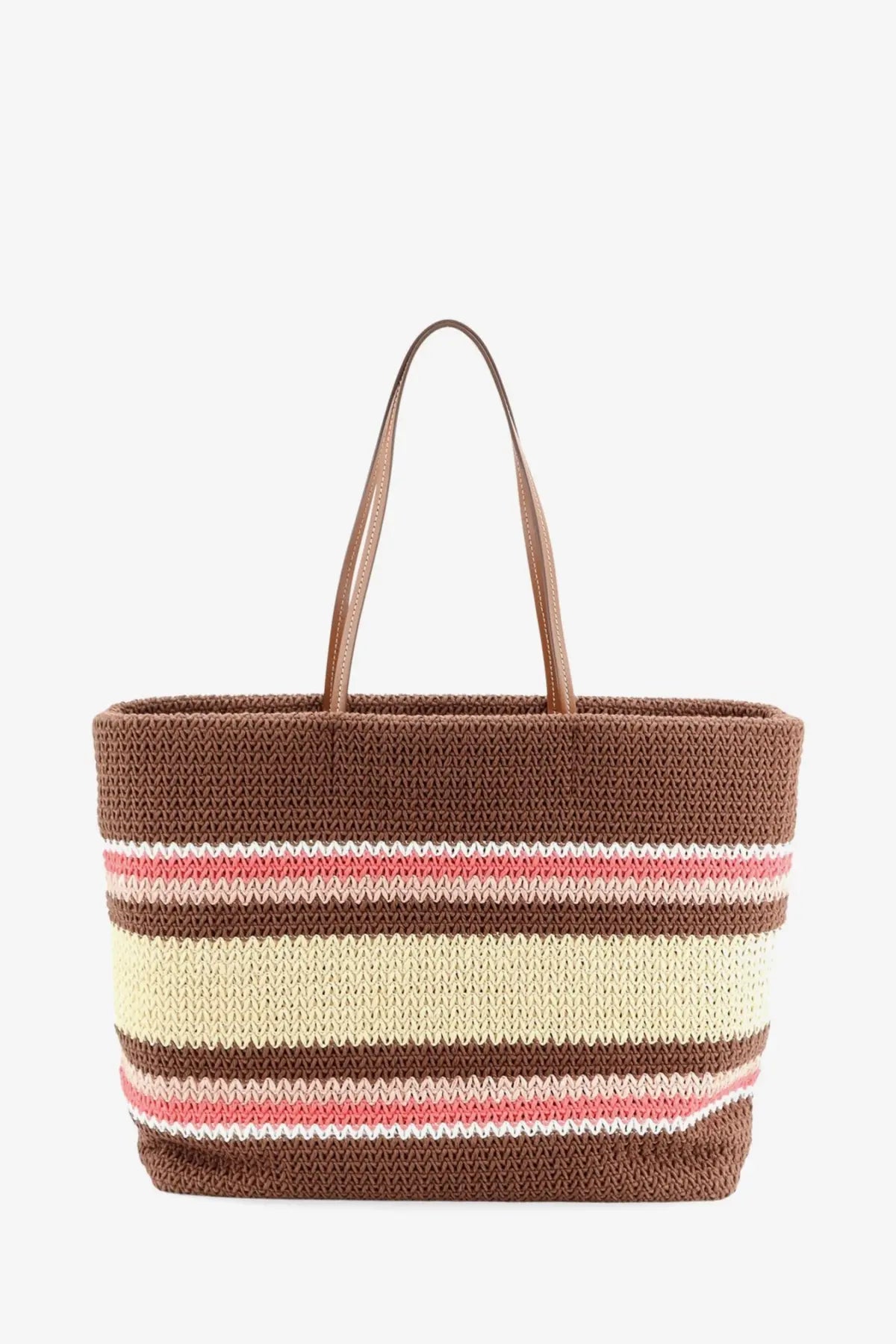 Brown and cream striped woven tote bag with pink accents and tan leather handles.