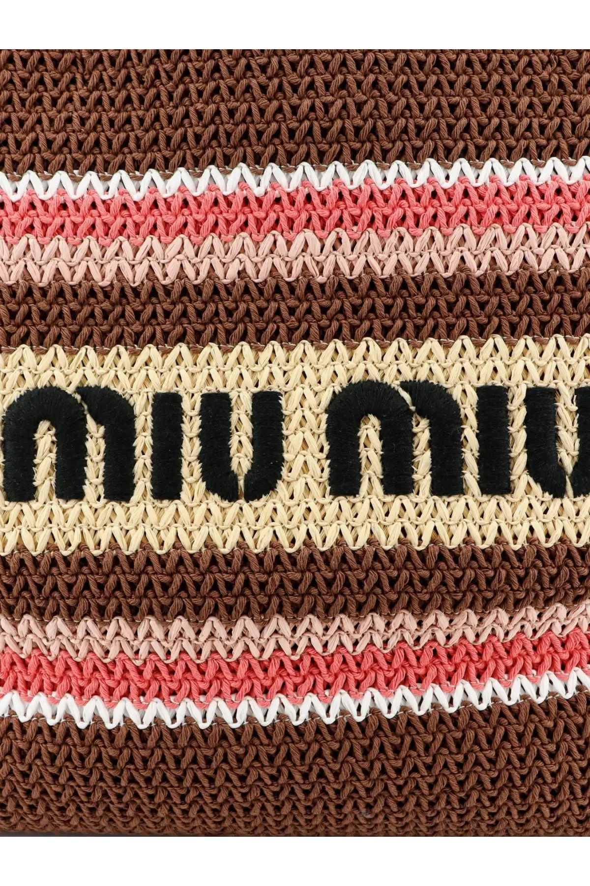 A woven miu miu crochet shopping bag in brown cream and coral stripes with black embroidered logo crossbody style