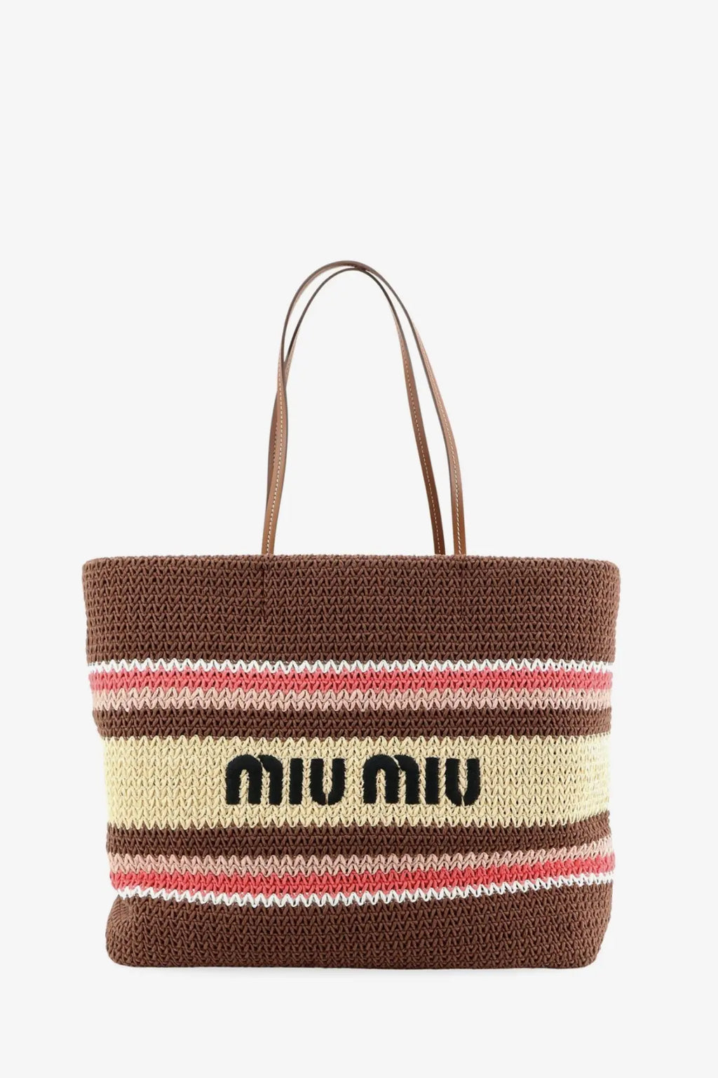 Miu Miu women’s brown crochet shopping bag with cream and coral stripes and black miu miu logo in the center