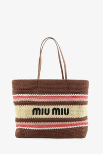 Miu Miu women’s brown crochet shopping bag with cream and coral stripes and black miu miu logo center