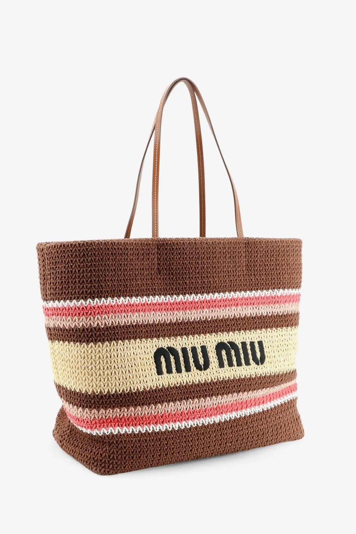 Miu Miu womens brown crochet tote bag with cream pink white stripes and black miu miu logo for shopping use