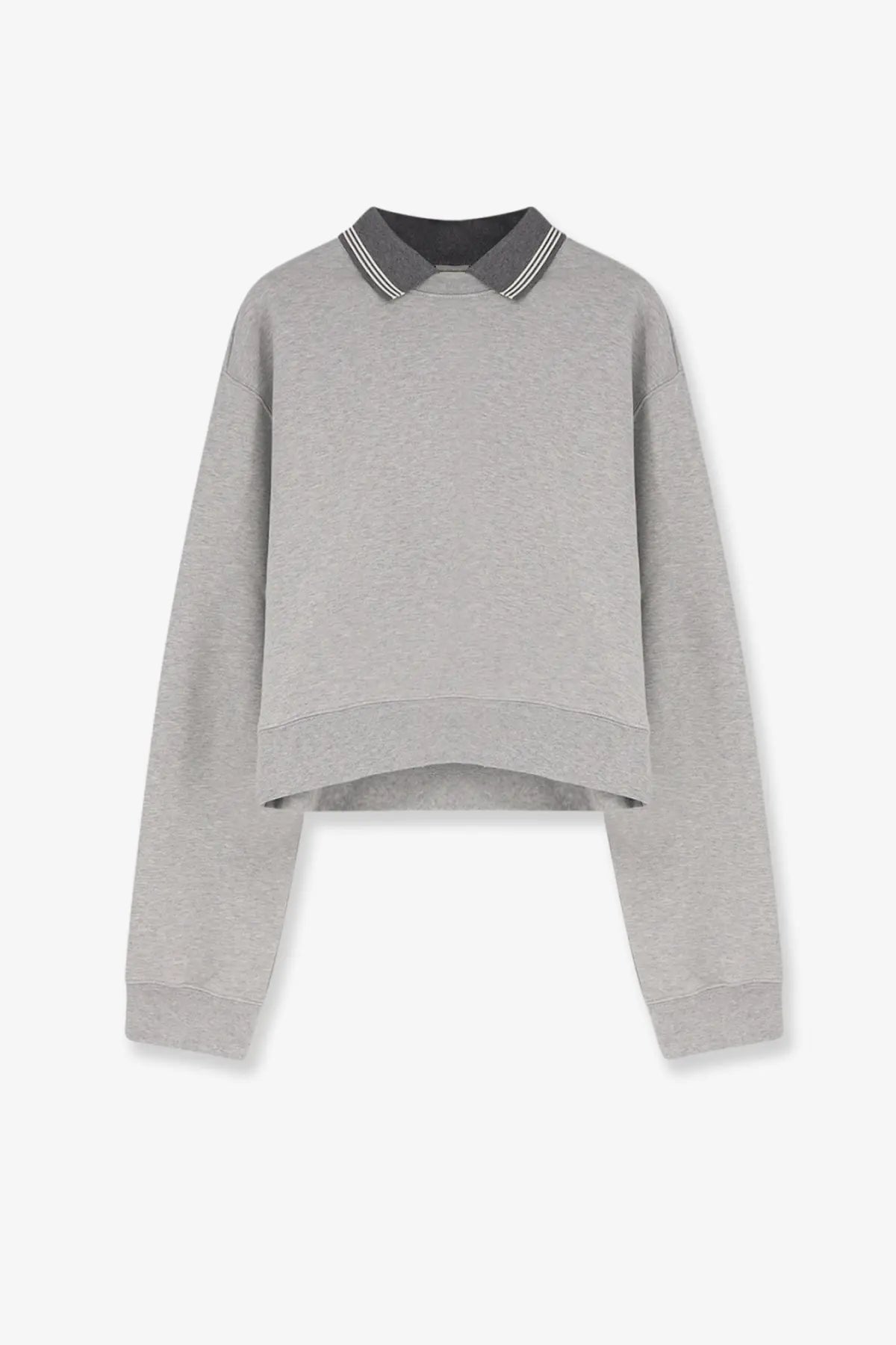 Miu Miu women’s élange cotton sweatshirt grey with gray cropped fit and dark gray collar featuring white striped trim