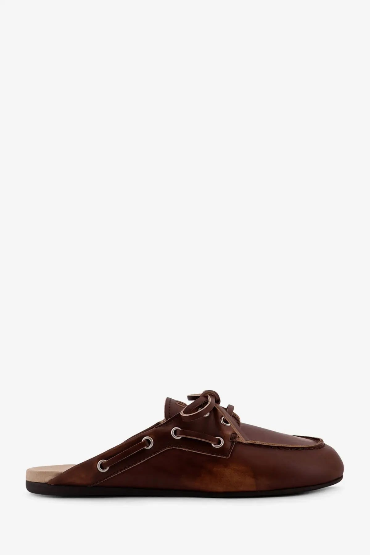 Miu Miu women’s Élavé leather sabot beige brown leather slip-on moccasin with lace-up detailing and black sole
