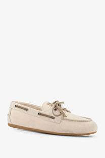 Cream-colored suede Miu Miu women’s fabric loafers with matching laces and tan rubber sole white boat shoe