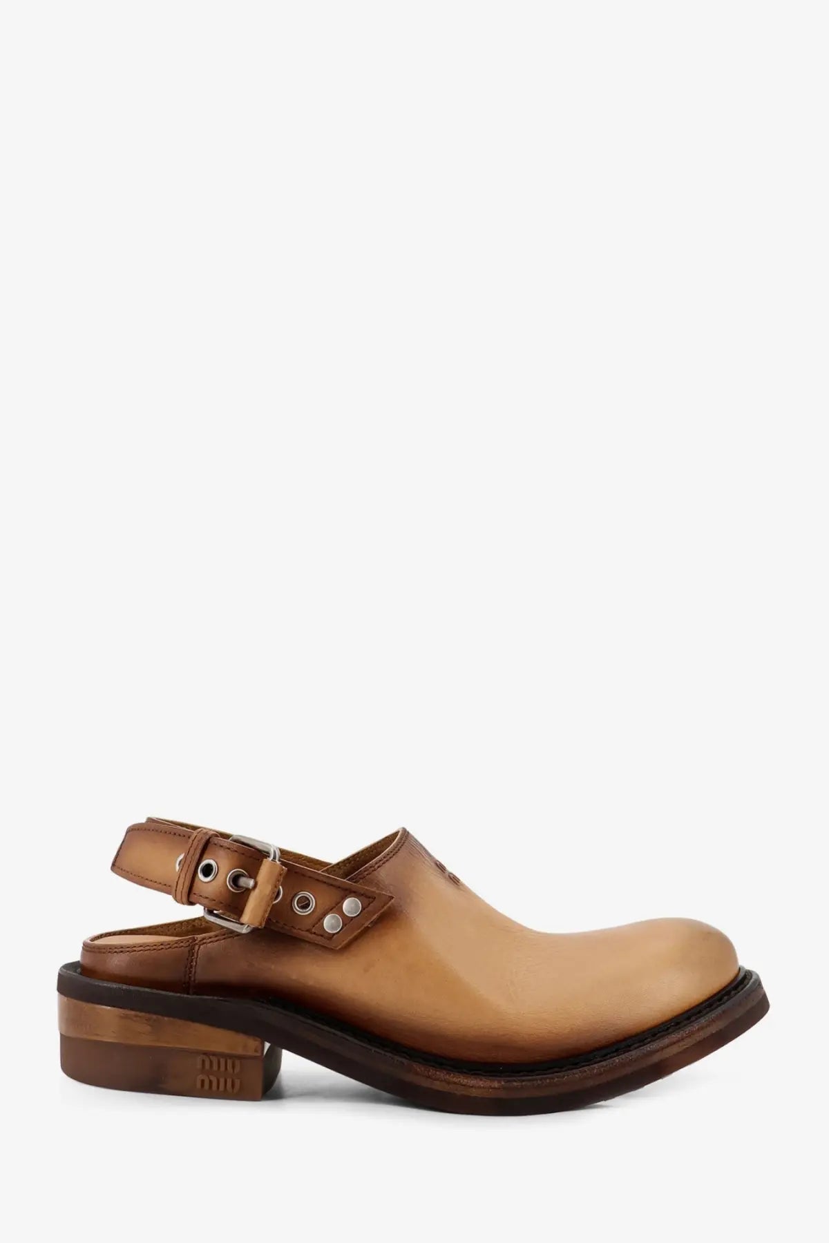 Miu miu women’s beige foule leather sabot sandals with tan leather clog buckle strap and silver-toned hardware