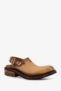 Miu Miu women’s foule leather sabot sandal in beige with tan leather clog design buckle strap and dark brown sole