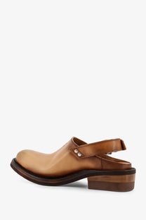 Miu miu women’s beige tan leather clog sandals with low block heel and adjustable strap with silver studs