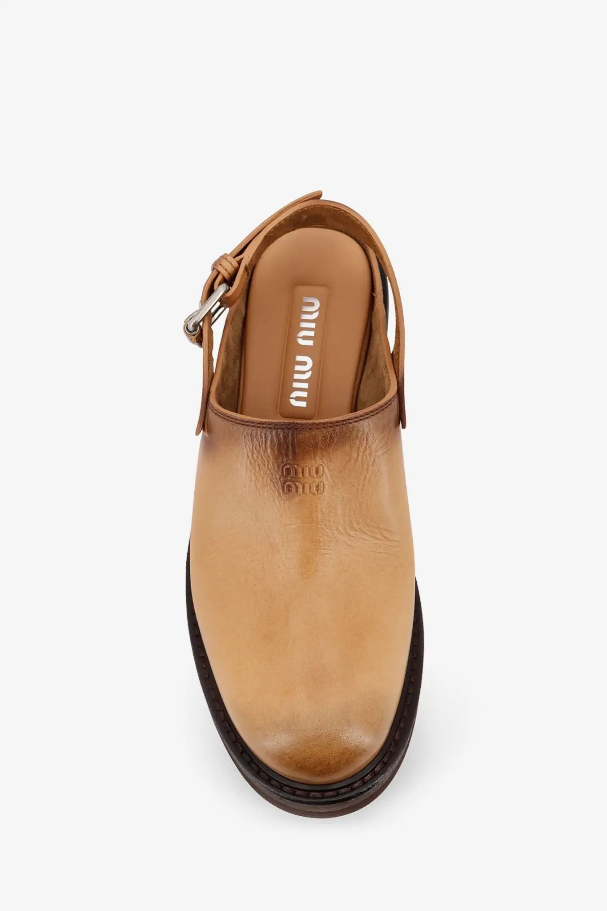 Miu Miu women’s foule leather sabot sandals in beige with tan leather slingback and dark brown rubber sole
