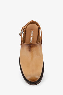 Miu Miu women’s foule leather sabot sandals in beige with tan leather slingback and dark brown rubber sole