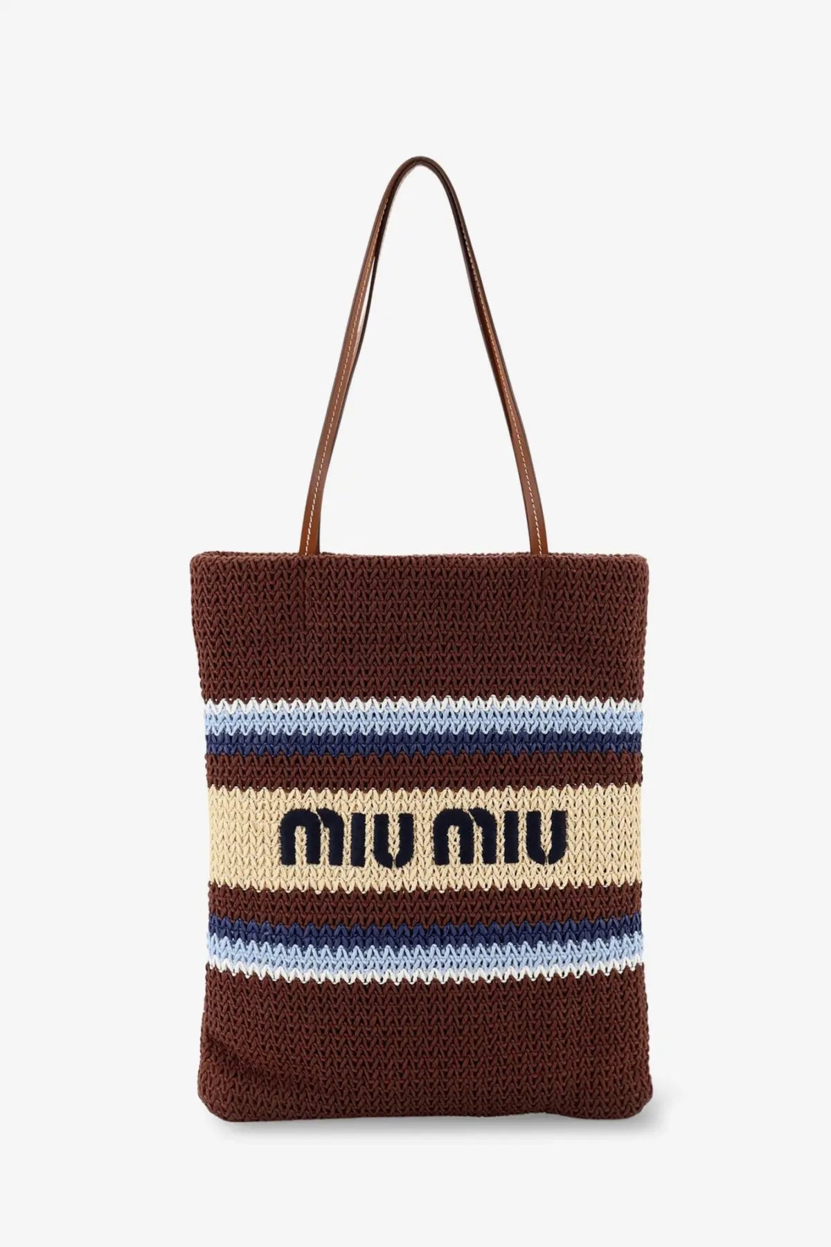 Miu Miu women’s brown crocheted tote bag with beige navy and light blue stripes and black miu miu logo centerpiece