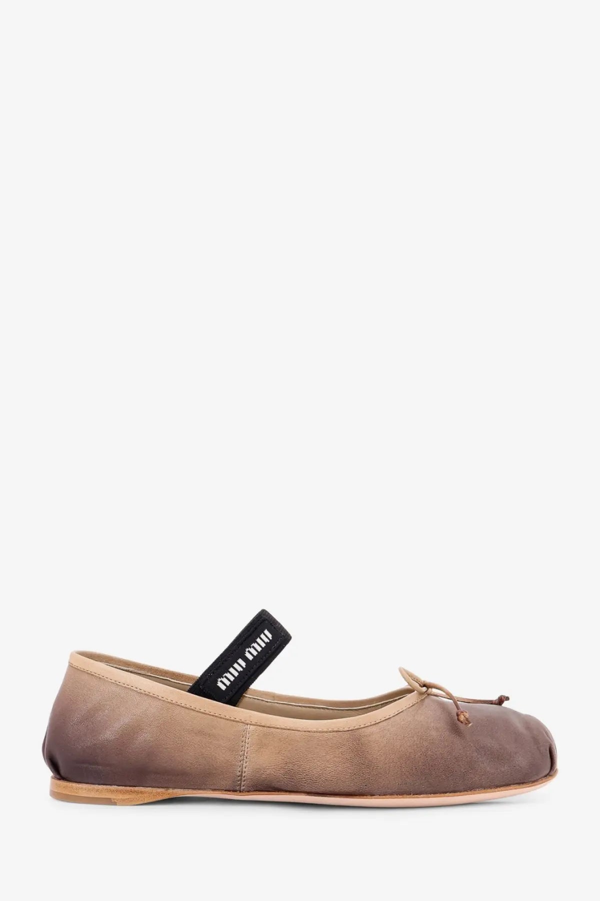Brown suede miu miu women’s leather ballerinas with black elastic mary jane strap featuring miu miu logo