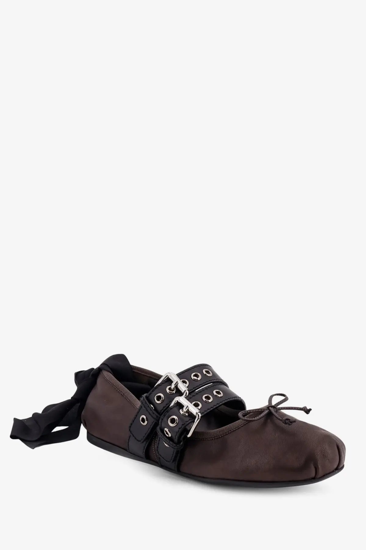 Miu miu women’s brown leather ballet flat with black strap and silver buckle detail for elegant wear