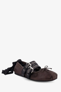 Miu miu women’s brown leather ballet flat with black strap and silver buckle detail for elegant wear