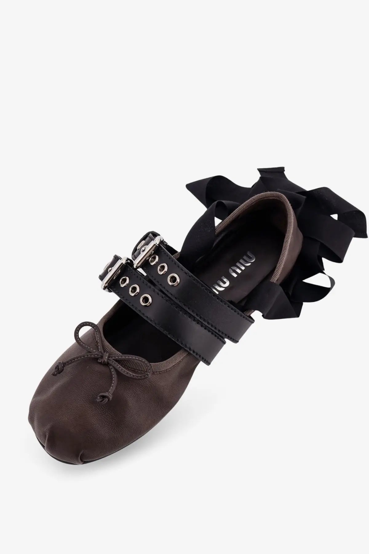 Miu Miu women’s brown leather mary jane ballerina shoes with black ribbon straps and silver buckle details