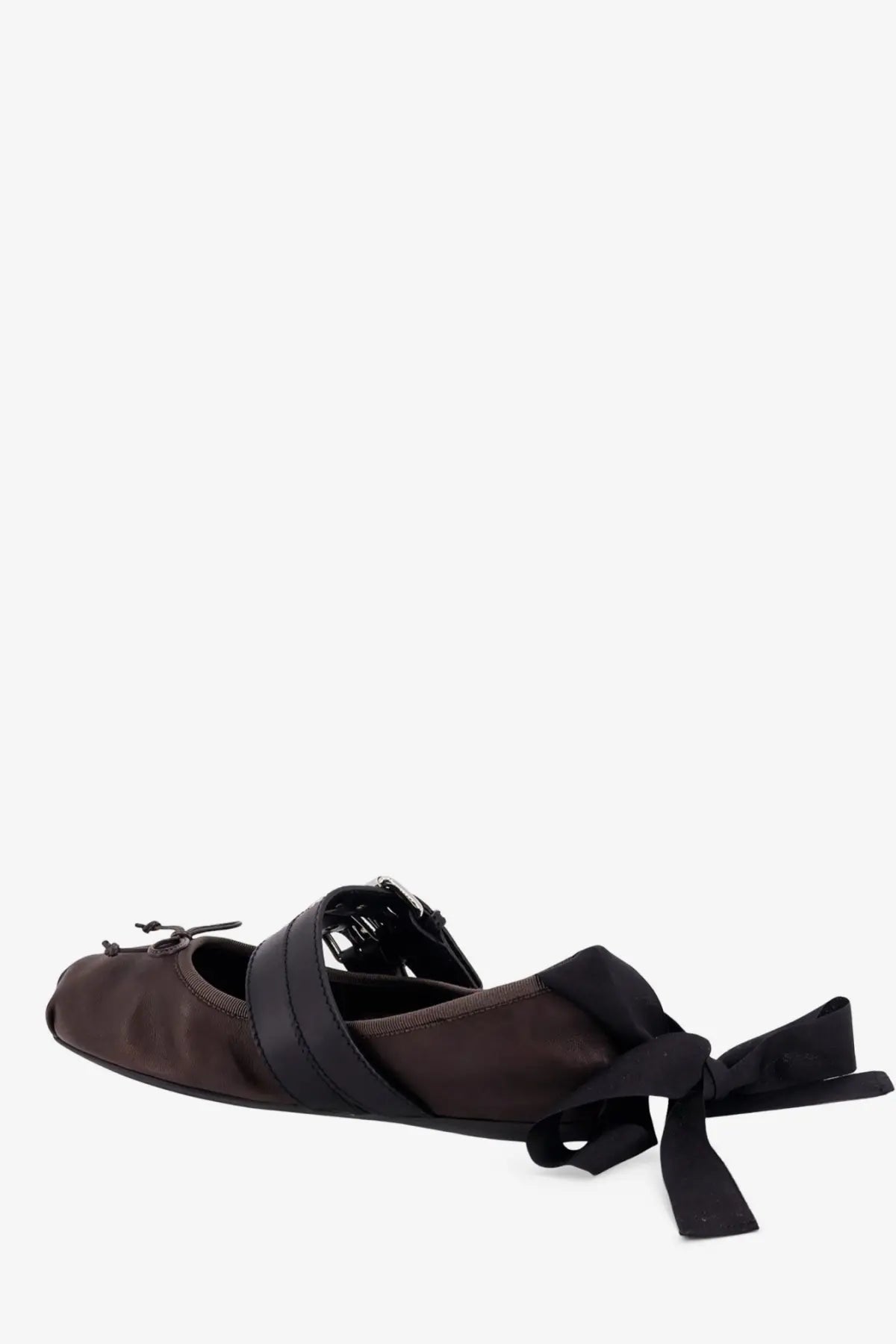 Brown satin miu miu women’s leather ballet flat with black ribbon straps and bow at the heel showing back side