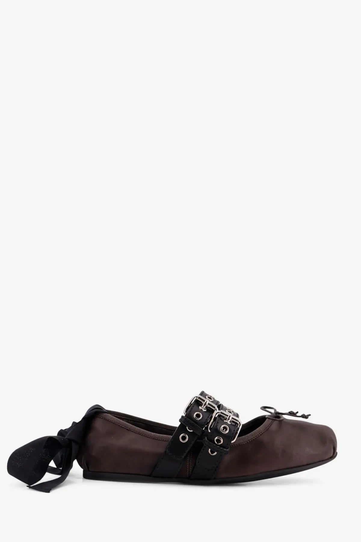 Miu Miu women’s dark brown leather ballet flat with black straps and silver-toned buckles gold edition